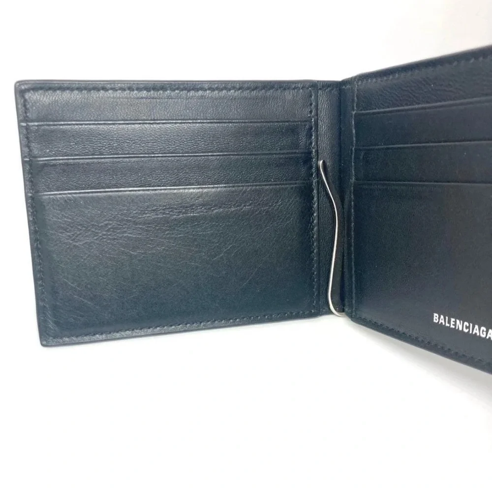 Balenciaga Navy Leather Card Holder with Silver Logo